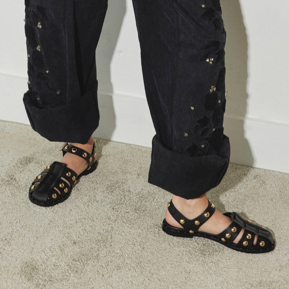 NWOT Freda Salvador Sera Fisherman Sandal in Black Calf Leather w/ Gold Accents